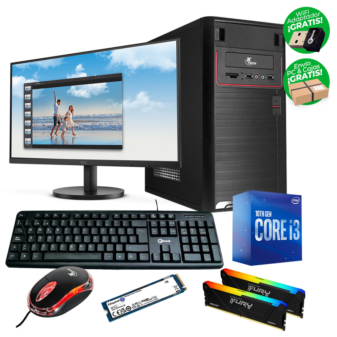 PC Combo i3-10100, 16GB RAM (2x8) 3200MT/s, 1TB SSD M.2 NVMe, Case Xtech XTQ-100 + Fuente 600W